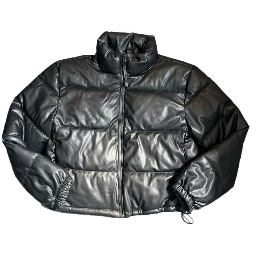 Vegan faux leather black puffer jacket coat size medium